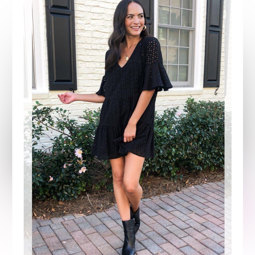 The impeccable pig Mustard Seed Dress Womens M Black Eyelet Short Swing V-Neck